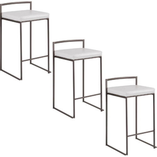 Fuji 26" Stackable Counter Stool in Antique Metal & White Leatherette (Set of 3)